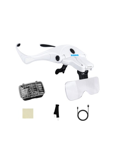 4 Led Işıklı Büyüteç, Kafa Bandı Büyüteci 5 Çıkarılabilir Lensli, 1 X, 1,5 X, 2 X, 2,5 X, 3,5 X Şarj E