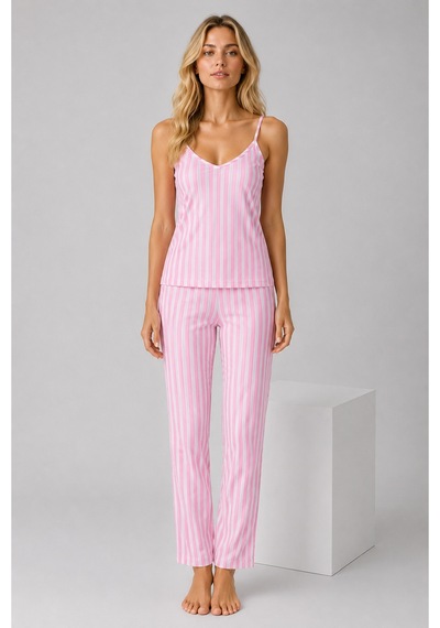Pijamask Kadın Pembe Beyaz Çizgili Askılı Pijama Takımı Pamuklu Yazlık Ev Giyim Beyaz