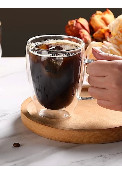 Çift Cidarlı Bardak Cam Kupa 310 Ml Ev Ofis Espresso Kahve Fincanı Borosilikat Kulplu Çay Bardağı