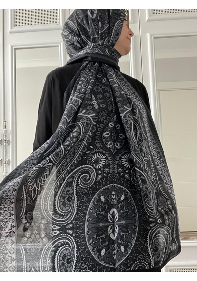 Modakaşmir Aminenesil Etnik Desen Soft Pamuk Şal Siyah Beyaz Renk