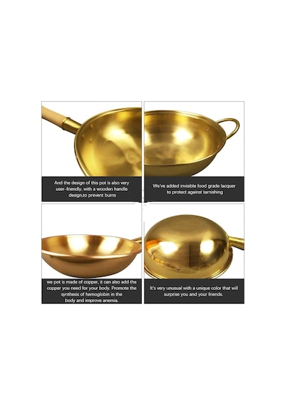 Bakır Wok Pan 36cm El Yapımı Çin Stir Fry Pan Geleneksel Pişirme Potası Diğer