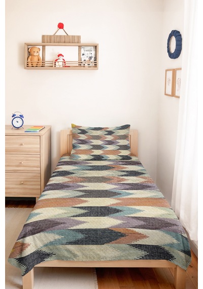 Geometrik Gri Genç Odası Tek Kişilik Pike Takımı - Modern Mavi Bej 160x220 Cm Kapitone Yatak Örtüsü Mahmur Vadi Sarmalı