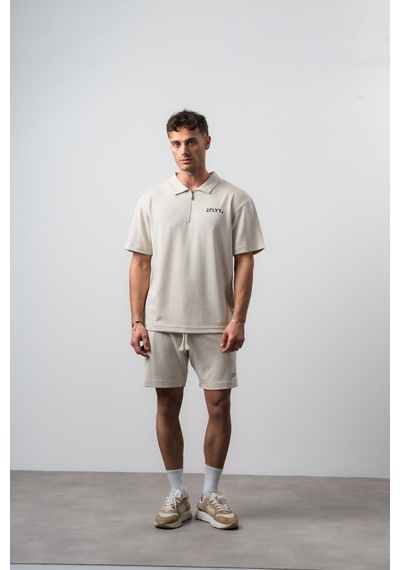 Erkek 2flyy Yazılı Yarım Fermuarlı Regular Fit T-shirt Şort Takım Bej