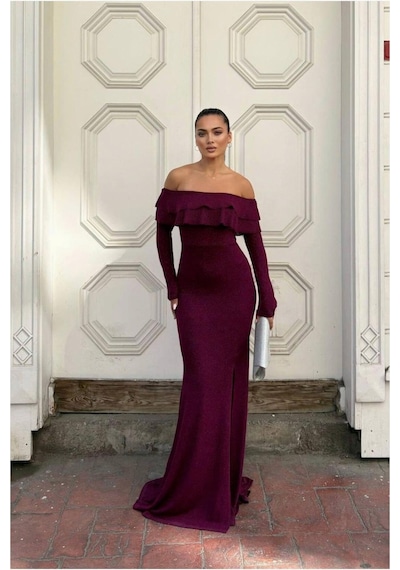 Lior Design Kadın Modern Stil Esnek Simli Kumaş Straplez Volanlı Abiye Elbise Açık Mor