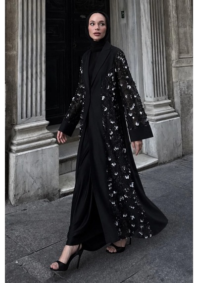 Nazzain 3 Boyutlu Çiçek İşlemeli Şal Yaka Abaya Çok Renkli