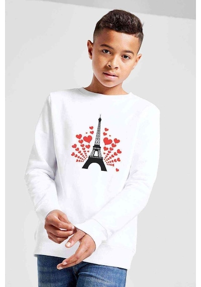 Tshirthane Silhouette Eiffel Tower Baskılı Unisex Çocuk Beyaz Sweatshirt Beyaz