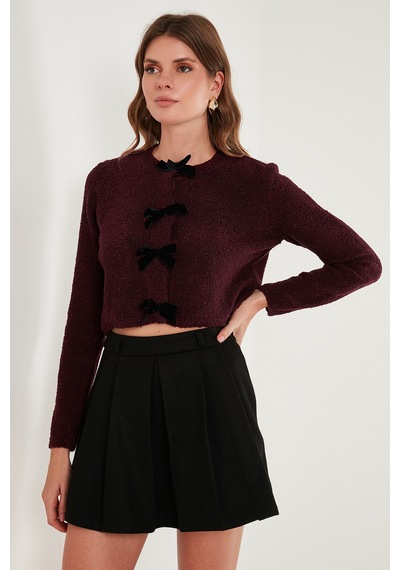 Lela Regular Fit Bisiklet Yaka Kurdele Detaylı Premium Bayan Hırka 680Hi00105 Bordo