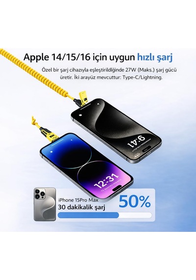 4'ü 1 Arada 65w Yaylı Hızlı Şarj Kablosu Type-c & Lightning Pd Destekli, Dolaşmaz Spiral Tasarım, 1.5m Uzayabilir Diğer