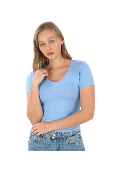 V Yaka Slim Fit Crop Tişört-mavi Mavi