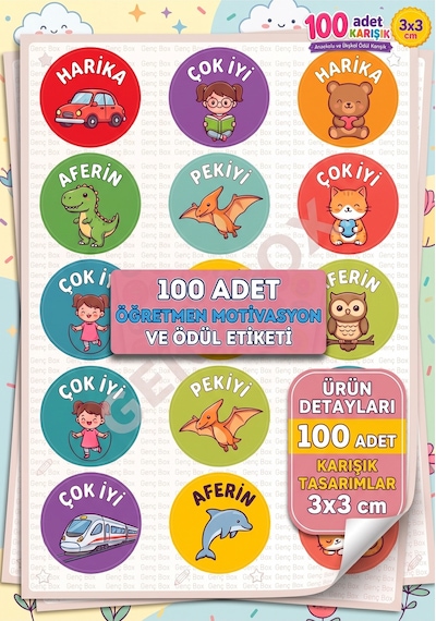 Öğretmen Motivasyon Ve Ödül Etiketi 3x3 Cm 100 Adet Karışık Ödül Sticker Seti Anaokulu Ve İlkokul İçin Renkli Diğer
