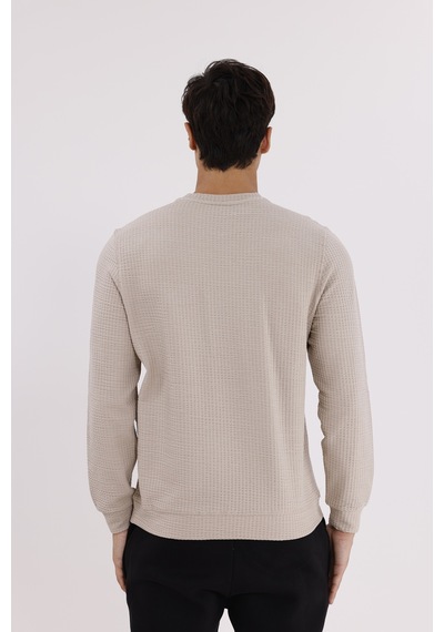 Rowinger Petek Yüzeyli Bisiklet Yaka Rahat Kalıp Lastik Manşetli Mevsimlik Sweatshirt Beıge
