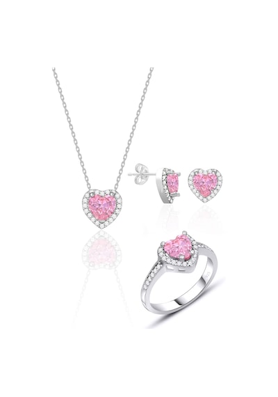 Gümüş Pembe Zirkon Taşlı Pırlanta Modeli Kalp Üçlü Set 925 Ayar St067