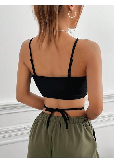 Liona Yuvarlak Yaka Askılı Çapraz Bağcıklı Siyah Renk Fitilli Crop Top Büstiyer