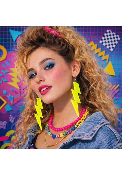 80 Ler 90 Lar Retro Neon Sarı Şimşek Küpe 10 Cm