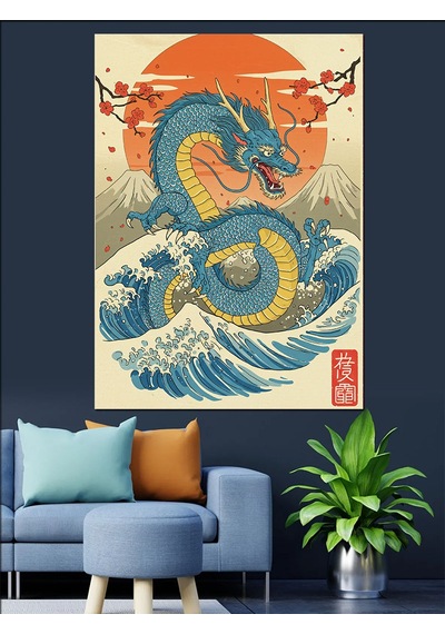 Japon Ejderhası Geleneksel Sanat Dekoratif Kanvas - Mdf Ahşap Tablo