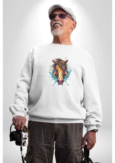 At Kafası Renkli Unisex Beyaz Baskılı Sweatshirt Beyaz