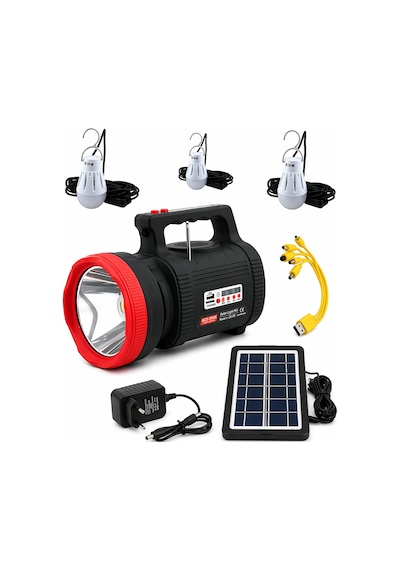 Gold Silver Gs-540 Solar Aydınlatma Seti - 20w Güneş Enerjili Şarjlı Fener, Bluetooth, Radyo, Mp3 + 3 Ampul Siyah