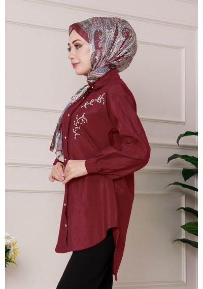 Sevitli Önü İnci Taş İşlemeli Tunik-bordo-4791 Bordo