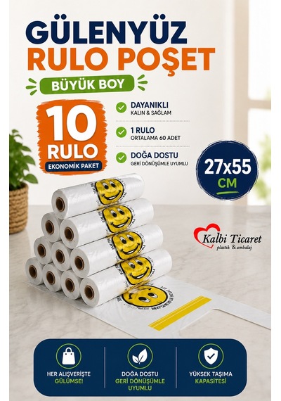 Baskılı Rulo Poşet Büyük Boy 10'lu Gülenyüz Hışır Atlet Poşet Market Manav Poşeti Çöp Poşeti