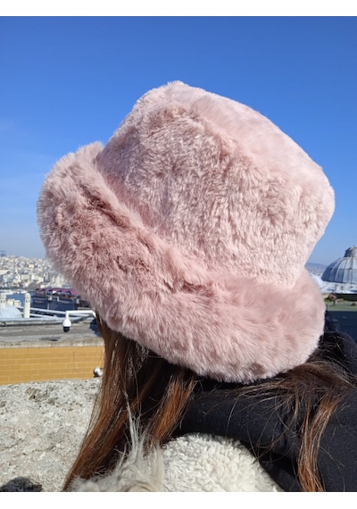 Shopiolog Pofidik Peluş Şapka Kışlık Suni Kürk Kalpak Kabarık Kova Şapka Gül Kurusu