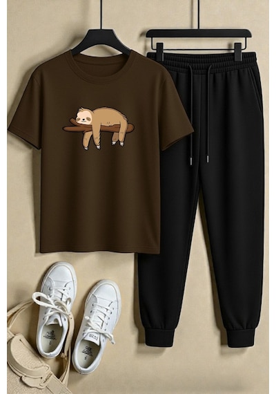Uyguntarz Unisex Dalda Uyuyan Tembel Tasarım Baskılı Tişört - 2'li Eşofman Takımı Kahverengi