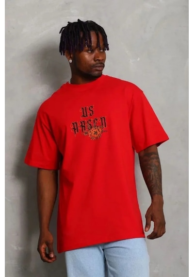 Modi Erkek Baskılı T-shirt Kısa Kol Bisiklet Yaka Regular Fit Rahat Kalıp Günlük Tişört - Kırmızı - Mymg185488