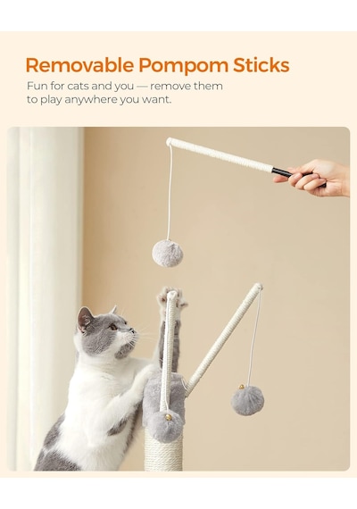Tr Pct143w01 Kedi Ağacı, Tırmalama Tahtalı, 3 Çıkarılabilir Ponpon Çubuğu, 118 Cm, Açık Gri