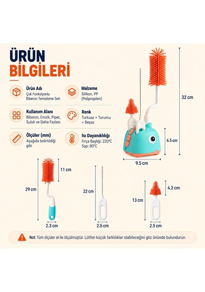 Valkyrie 3'lü Dinazor Biberon Temizleme Fırça Seti Silikon Biberon - Emzik ve Pipet Fırçası Yeşil
