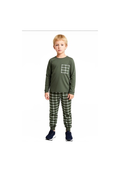 Ersefa Erkek Çocuk Pamuk Polyester Örme Pijama Takımı Ekose Desenli Kali Haki