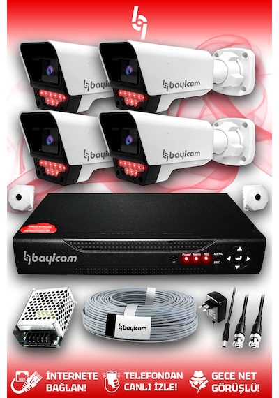 Bayicam 4 Kameralı Süper 4 Dış Kamera Set HDD'siz 5 MP 2K Net Gece Görüşlü Güvenlik Kamerası Sistemi