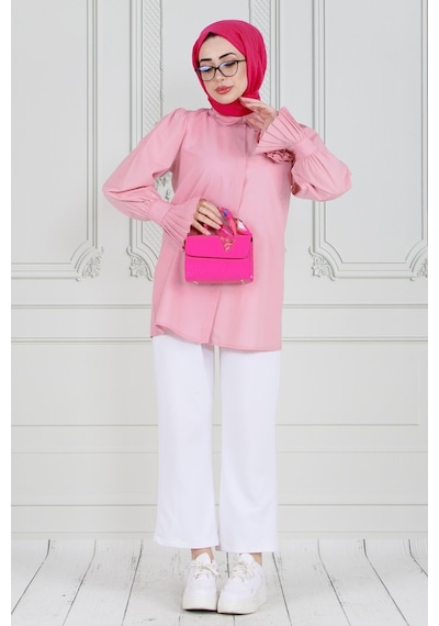 Sevitli Gül Broşlu Kolu Fırfırlı Tunik-pembe-3610-pembe Pembe