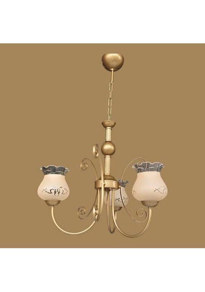 Üçlü Fiskiyeli Avize Eskitme Statik Boyalı Metal Top Detaylı Somon Rengi Desenli Camlı