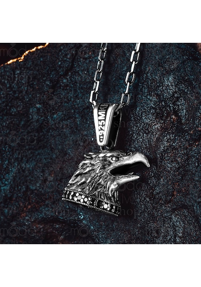 925 Ayar Gümüş Üç Boyutlu Kartal Kafası Tasarım Erkek Kolye Gümüş