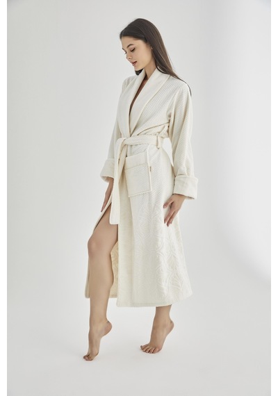 Şalyaka Jakarlı %100 Cotton Bayan Bornozu Krem