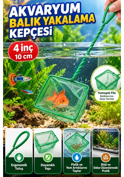 Akvaryum Balık Yakalama Kepçesi 4 İnç 10 Cm Fileli 33 Cm Saplı Balık Kepçesi Temizlik Aksesuarı File