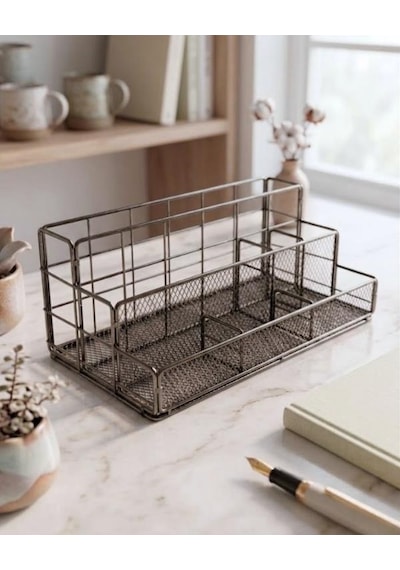 Temel Nikel Metal Mesh Masaüstü Organizer Çok Bölmeli 27x14x11 Cm 9515b