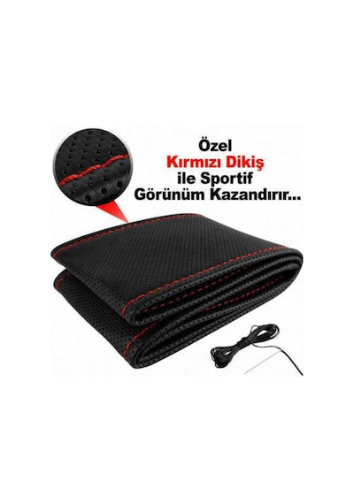 Dikme Direksiyon Kılıfı Noktalı Siyah Deri Kırmızı Dikiş Mum Ip