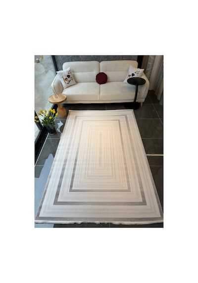 Merinos Vista Beyaz Renk Gri Çok Çerçeveli %100 Akrilik Yumuşak Dokulu Salon Oturma Odası Halısı 76591-95