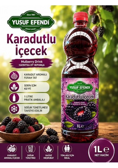 Yusuf Efendi Karadut 1l Ferahlatıcı Karadut Aromalı Gazsız İçecek
