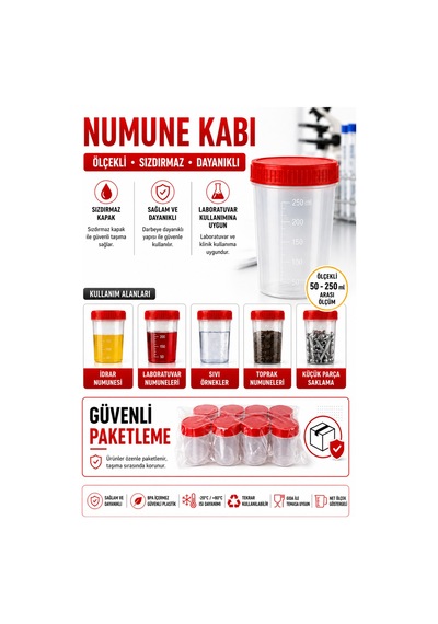 Numune Kabı Ölçekli Şeffaf Gövdeli Kırmızı Vidalı Kapaklı 250 Ml 5 Adet