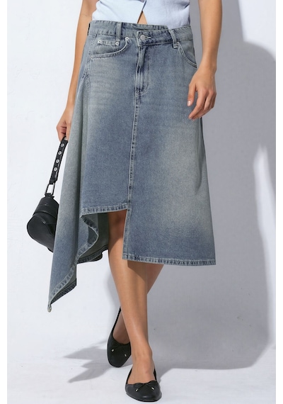Hiccup Asimetrik Yıkama Efektli Midi Denim Etek Orta Mavi Denim