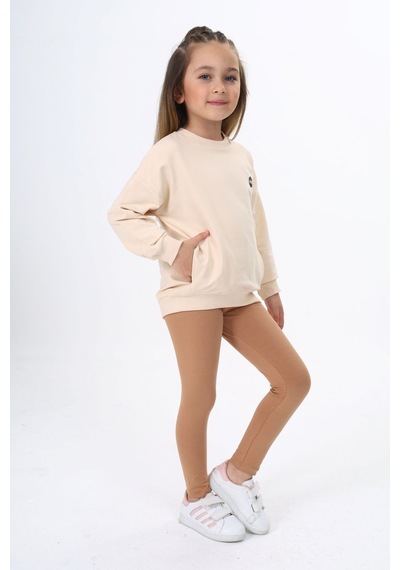 Toontoy Kids Toontoy Kız Çocuk 2'li Takım Baskılı Bisiklet Yaka Düşük Omuz Cepli Sweatshirt & Basic Düz Tayt Bej