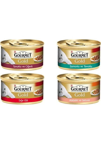 Gourmet Gold 4 Çeşit Karışık Parça Etli Konserve Yetişkin Kedi Maması 24 x 85 G