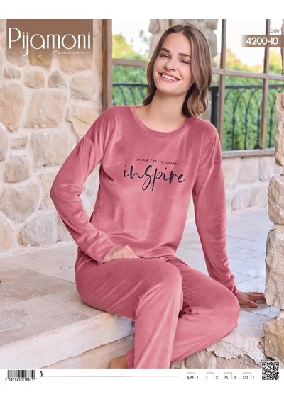 Pijamoni Kadın Kışlık Bisiklet Yaka Likralı Kadife Pijama Takımı 4200/10 - 1 Adet 001