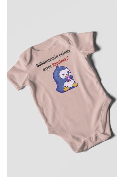 Babaannemin Evinde Diyet Yapılmaz Baskılı Bebek Zıbını Çıtçıtlı Body %100 Pamuk Kısa Kol Pastel Pembe