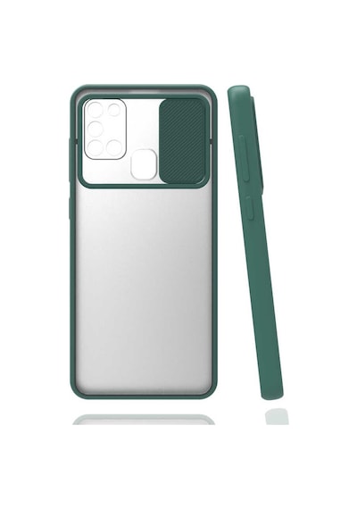 Kilifone - Samsung Uyumlu Galaxy A21s - Kılıf Slayt Sürgülü Arkası Buzlu Lensi Kapak - Koyu Yeşil