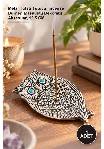 4 Adet Baykuş Tasarımlı Metal Tütsülük Metal Tütsü Tutucu, Incense Burner, Masaüstü Dekoratif Aksesuar, 12.5 Cm