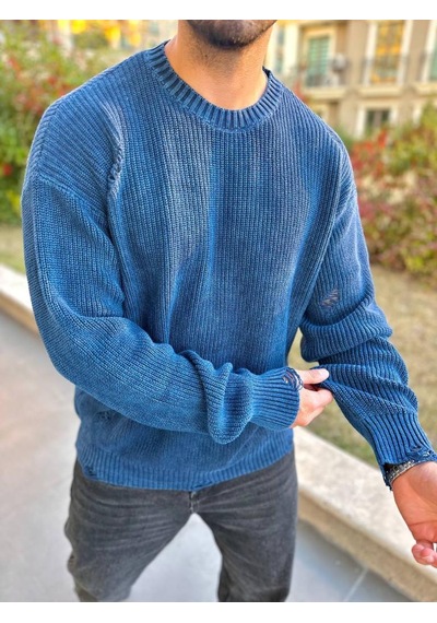 Elku Moda Kazak Triko Oversize Tüylenmez Naturel Pamuk Yırtık Detaylı Lazer Kesim Rahat Kesim Salaş Kazak Lacivert