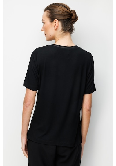 Desen Triko Kadın V Yaka Cebi Saten Şeritli Penye T-shirt 26828 Siyah Siyah