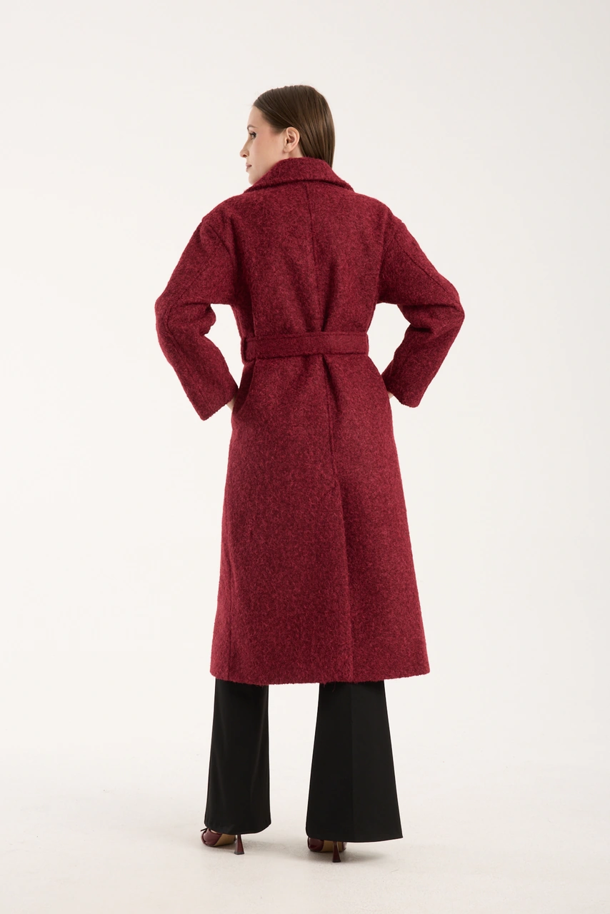 Bordo Buklet Kaşe Oversize Kaban Bordo